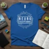 Blue t-shirt with "Neuro Exceptional" text in a white circular circuit board design
