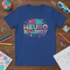 Neuro Sparkly t-shirt with a colorful, segmented brain graphic and sparkling accents