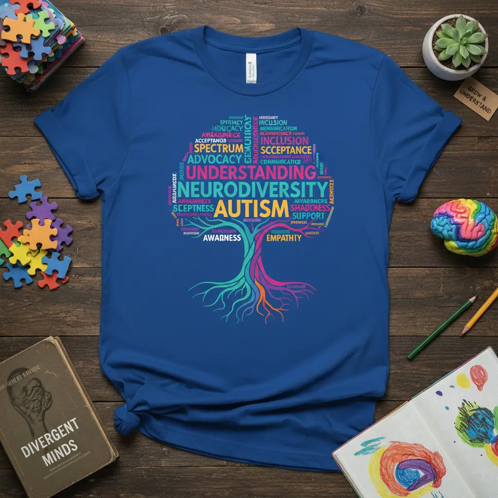 Neurodiversity Autism Tree Word Cloud T-Shirt Autism Awareness Gift