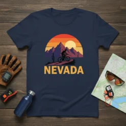 Nevada mountain biking sunset t-shirt design featuring a cyclist against a desert mountain backdrop and the word Nevada