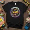 Black t-shirt featuring "NEVER ENDING FUN" with a colorful roller coaster graphic and people riding