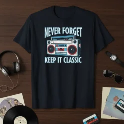 Never Forget Keep It Classic boombox t-shirt design with retro audio graphic and bold text
