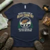 Never Hike Alone In Bear Country funny hiking quote t-shirt with bear and hikers graphic