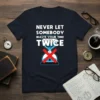 Never Let Somebody Waste Your Time Twice quote on a navy t-shirt with an hourglass graphic and red X