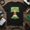 Black t-shirt with "Never Look Back Old" text and a rocket launching from a circuit board graphic