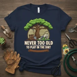 T-shirt with text "Never Too Old To Play In The Dirt" featuring a tree, shovel, lawn mower, and boots
