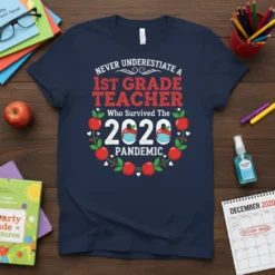 Never Underestimate A 1st Grade Teacher Who Survived The 2020 Pandemic t-shirt with red and white text and apple graphics