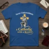 Never Underestimate a Catholic with a Rosary t-shirt design featuring a knight praying before a yellow cross with a rosary