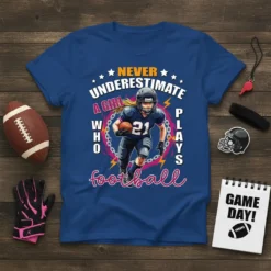 Never Underestimate A Girl Who Plays Football T-Shirt design featuring a female player in action