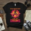 Never Underestimate A Girl With Drums text design with silhouette of a female drummer playing drums, vibrant sunburst background