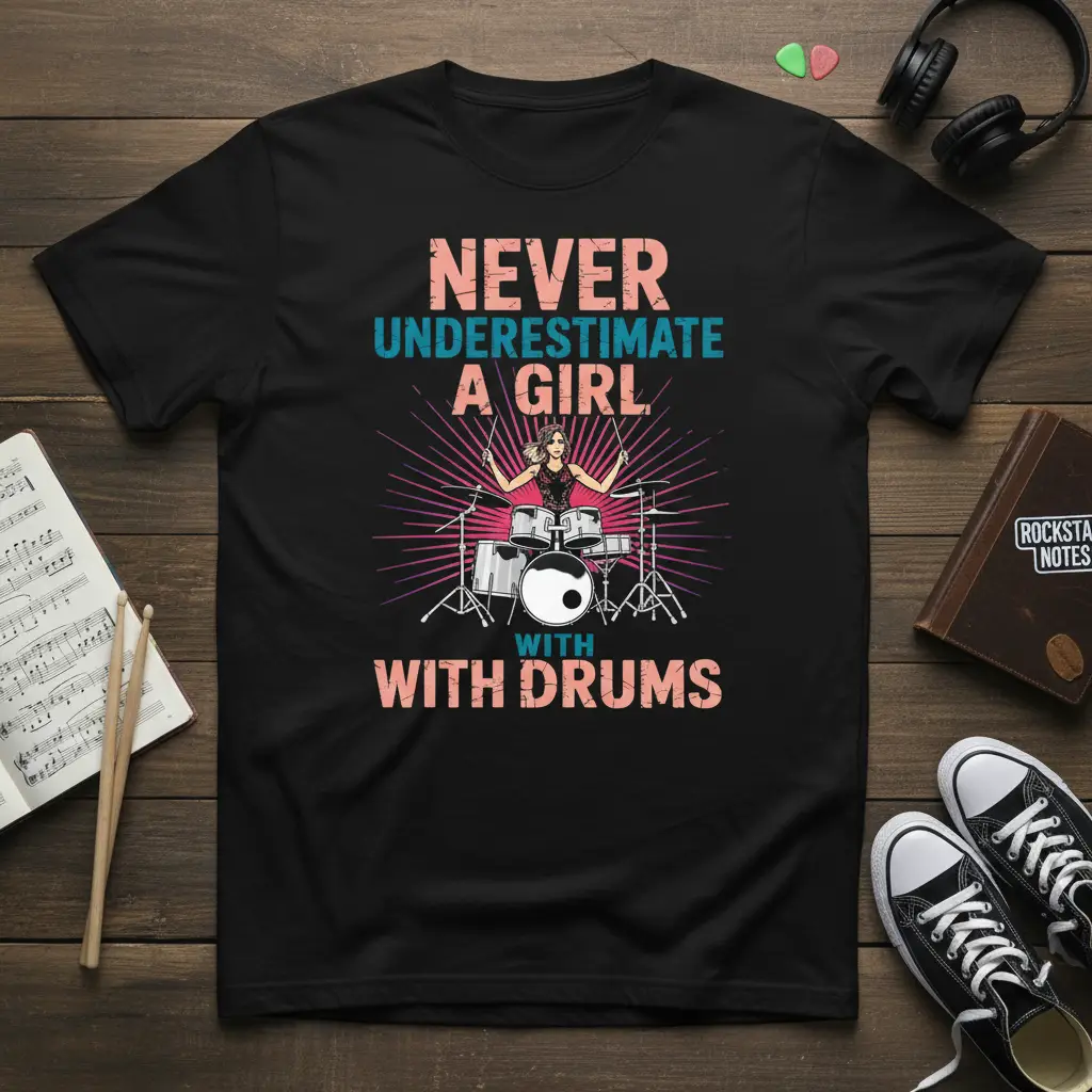 Empowering Never Underestimate A Girl With Drums quote with a graphic of a female drummer on a t-shirt