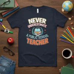 Never Underestimate A Public School Teacher quote t-shirt with graduation cap and books graphic