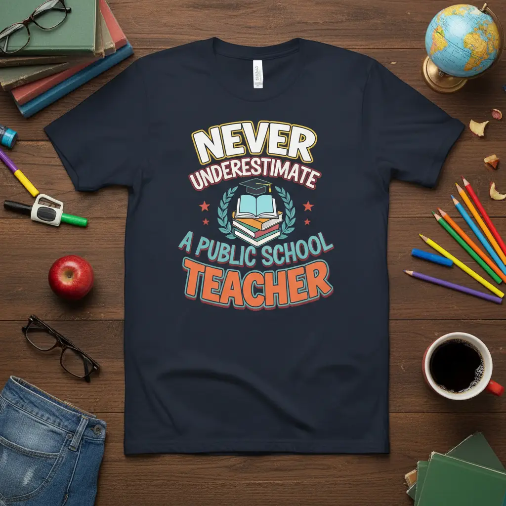 Never Underestimate A Public School Teacher quote design with books and graduation cap graphic