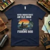 Never Underestimate An Old Man With A Fishing Rod t-shirt design featuring a fisherman in a boat at sunset