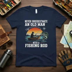 Never Underestimate An Old Man With A Fishing Rod t-shirt design featuring a fisherman in a boat at sunset
