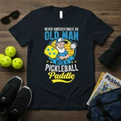 Never Underestimate an Old Man with a Pickleball Paddle t-shirt design featuring a smiling older man holding a paddle and
