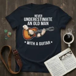 Never Underestimate An Old Man With A Guitar T-Shirt design featuring a man playing an acoustic guitar, white text on
