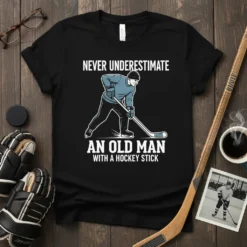 Never Underestimate An Old Man With A Hockey Stick t-shirt design featuring a vintage hockey player graphic
