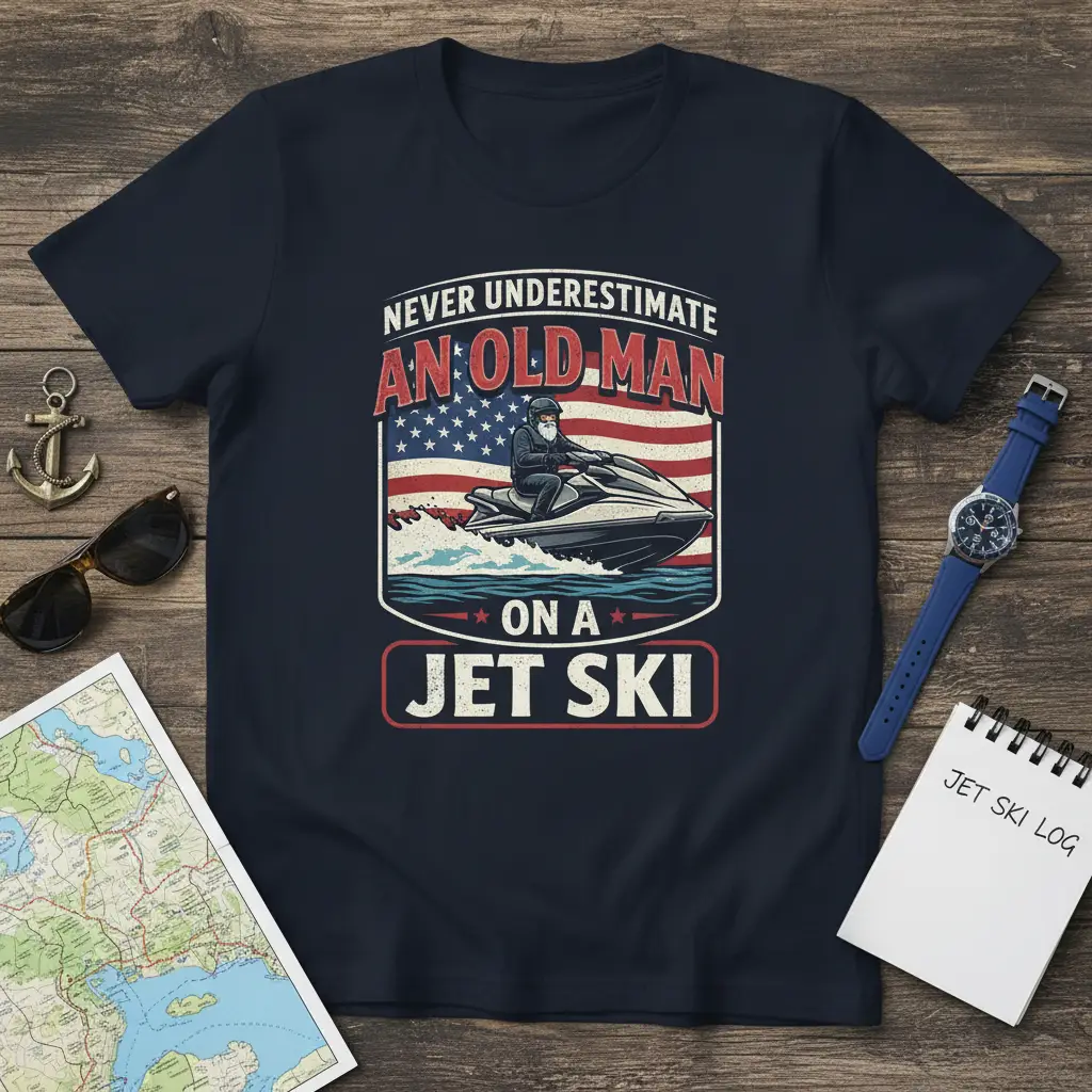 Never Underestimate An Old Man On A Jet Ski humorous quote design with a jet ski rider and American flag graphic