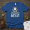 T-shirt with text "Never Underestimate The Power Of A Man Born In July" and a lion graphic