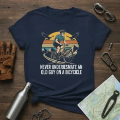 Never Underiesmate An Old Guy On A Bicycle quote with vintage cyclist graphic on navy t-shirt