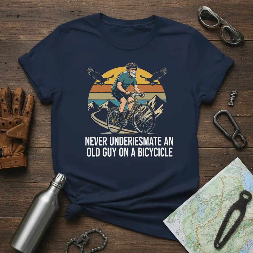 Never Underiesmate An Old Guy On A Bicycle quote on vintage cyclist t-shirt design