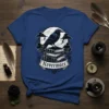 Nevermore quote t-shirt with a gothic raven on books, moon, and clouds. Dark academia literary design