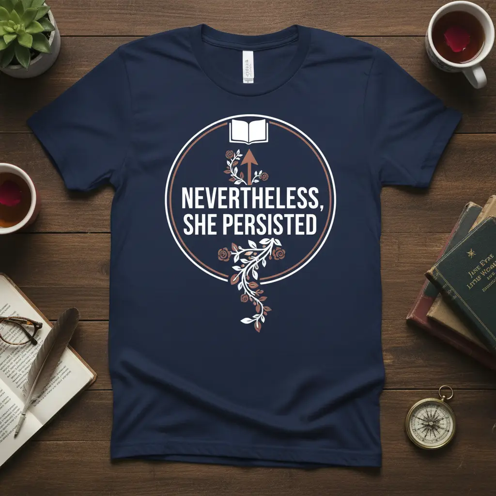 Nevertheless, She Persisted quote tee with an open book and floral design, navy blue