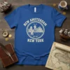 New Amsterdam Est 1624 New York t-shirt design featuring a circular graphic with buildings, a windmill, and a sailboat, with