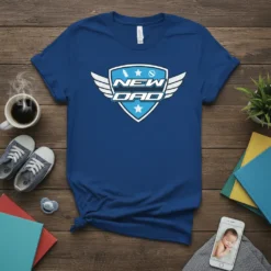 Blue t-shirt with white and light blue "New Dad" shield graphic featuring wings, baby bottle, and stars