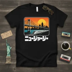 ニュージャージー Japanese text on a black t-shirt with Brooklyn Bridge and train graphic, sunset cityscape