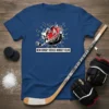 New Jersey Devils Hockey Club text logo on a blue t-shirt, with hockey puck graphic and ice shards