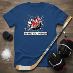 New Jersey Devils Hockey Club text logo on a blue t-shirt, with hockey puck graphic and ice shards