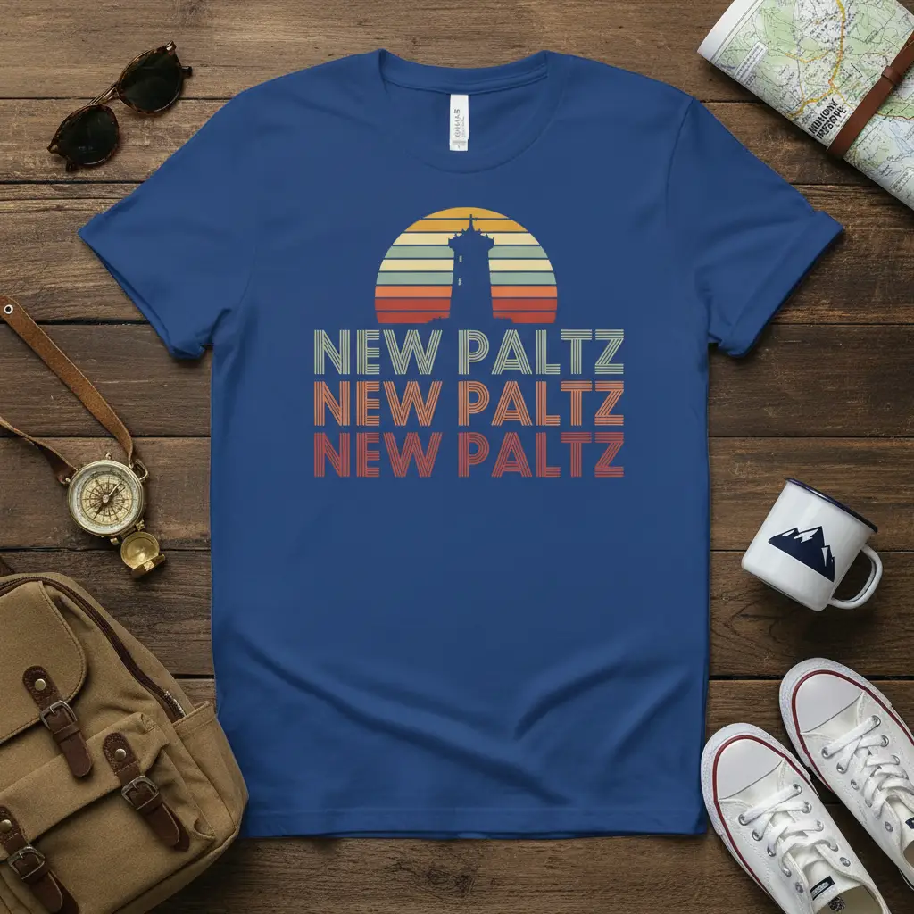 New Paltz New Paltz New Paltz repeated text with vintage sunset graphic on a blue t-shirt