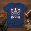 New Season football t-shirt design featuring a fierce mascot in a helmet and footballs, with bold "NEW SEASON" text