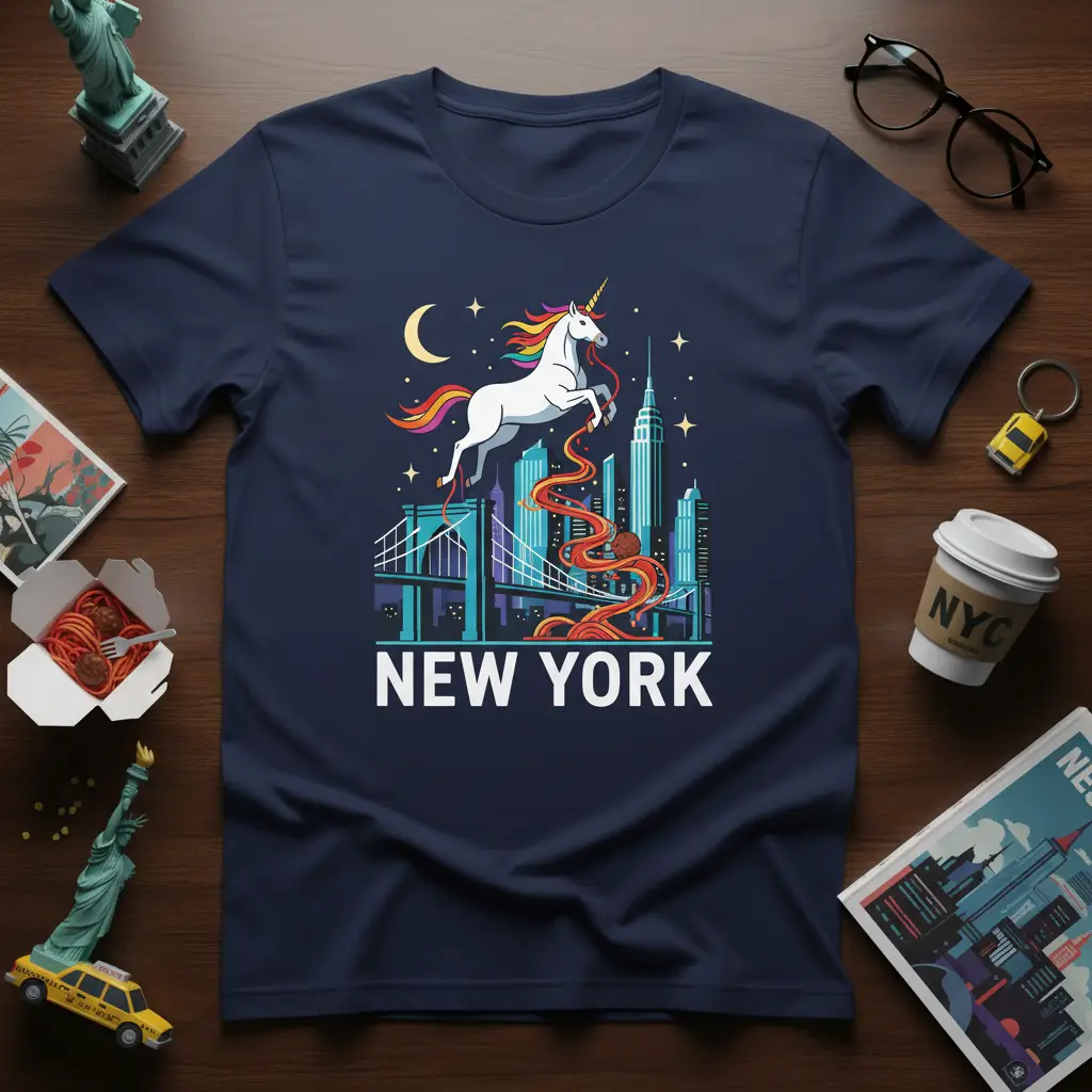 New York City skyline with unicorn leaping over Brooklyn Bridge, featuring Empire State Building, text NEW YORK