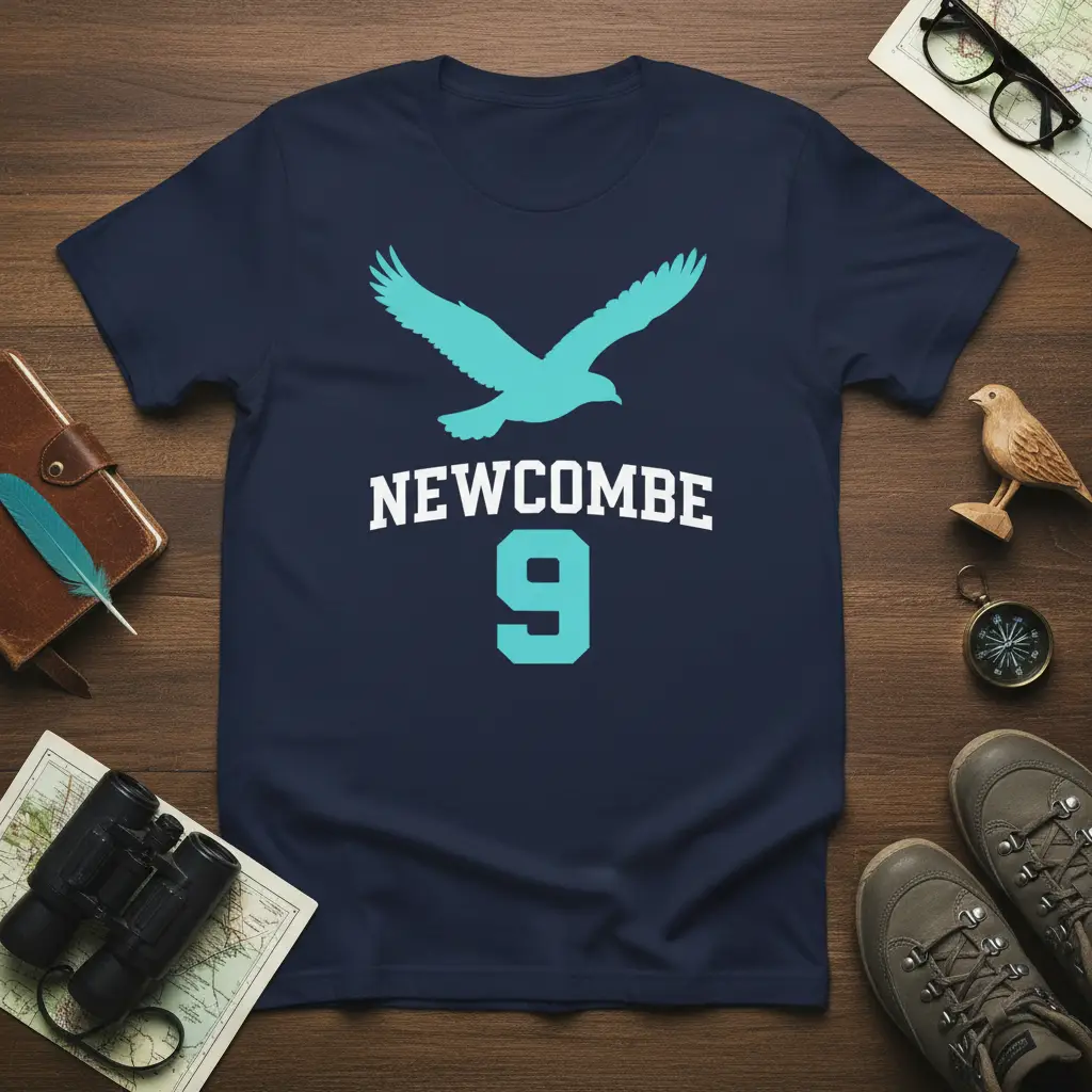 Navy blue NEWCOMBE 9 athletic t-shirt design with flying bird graphic