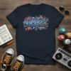 NEWMARKET HOP graffiti style t-shirt design with bold blue lettering, orange lightning bolts, and white stars on a navy tee