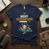 Next Adventure Loading t-shirt design featuring a hot air balloon over mountains and a progress bar