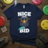 Navy t-shirt with "NICE BID" text and a disc golf basket graphic, featuring orange lightning and a frisbee