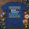 Nice Naughty Jewish checklist design t-shirt with Hanukkah symbols and dreidels