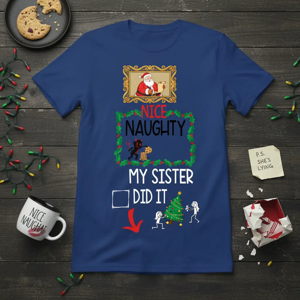 Nice Naughty My Sister Did It Christmas T-Shirt Holiday Gift