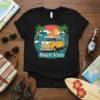 Nice Van text with a retro yellow Volkswagen bus, palm trees, and ocean waves design on a black t-shirt