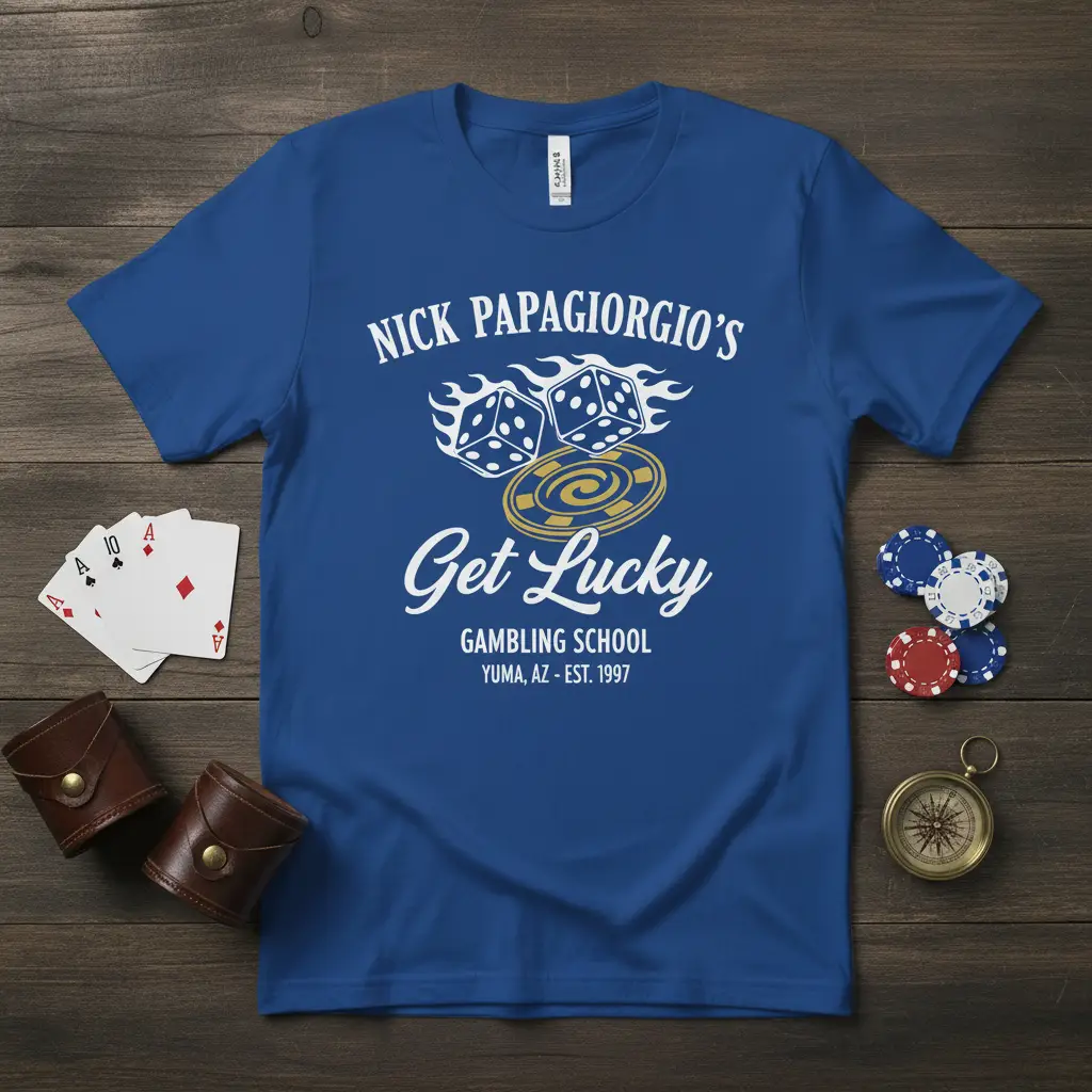 NICK PAPAGIORGIO'S Get Lucky GAMBLING SCHOOL YUMA, AZ - EST. 1997 text with dice and casino chip graphics on blue t-shirt