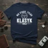 Navy blue t-shirt with white text: NIE STARY, TYLKO KLASYK 1962, featuring a vintage steering wheel graphic