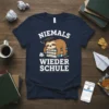 Niemals Wieder Schule graduation t-shirt with a sleeping sloth on books and a graduation cap