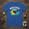 Night Biter t-shirt design with a cute cartoon bat on a crescent moon, surrounded by clouds and stars