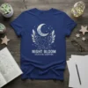 Night Bloom Celestial Gardens t-shirt design with a geometric cat, crescent moon, stars, and crystals