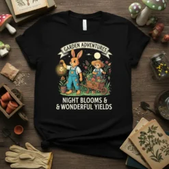 Black t-shirt featuring "Garden Adventures" graphic with a rabbit and cat harvesting vegetables, promoting NIGHT BLOOMS & WONDERFUL YIELDS
