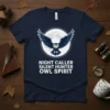 Night Caller Silent Hunter Owl Spirit t-shirt featuring a majestic owl in flight against a full moon